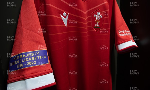 140922 - England Women v Wales Women, Women’s Rugby World Cup Warm-up Match - The Wales match shirt with a tribute to HM Queen Elizabeth II in the changing room ahead of the match