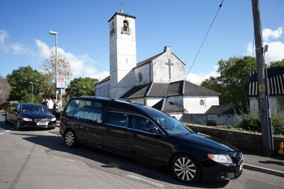 280918 - Enzo Calzaghe Funeral, Newbridge, South Wales - The hearse arrives the church for the funeral of boxing trainer Enzo Calzaghe