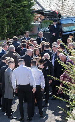 280918 - Enzo Calzaghe Funeral, Newbridge, South Wales - Family gather outside the church after the funeral of boxing trainer Enzo Calzaghe