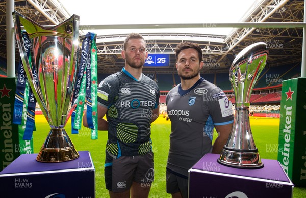 061119 - EPCR 2019-20 Season Launch, Principality Stadium - Dan Lydiate of Ospreys, left, and Ellis Jenkins of Cardiff Blues at the 2019-20 season launch of the Heineken Champions Cup and Challenge Cup for Gallagher Premiership Rugby and PRO14 Clubs