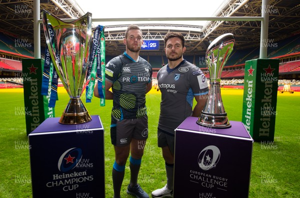 061119 - EPCR 2019-20 Season Launch, Principality Stadium - Dan Lydiate of Ospreys, left, and Ellis Jenkins of Cardiff Blues at the 2019-20 season launch of the Heineken Champions Cup and Challenge Cup for Gallagher Premiership Rugby and PRO14 Clubs
