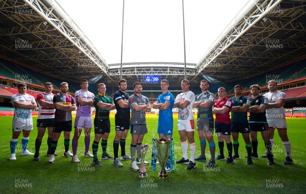 061119 - EPCR 2019-20 Season Launch, Principality Stadium - Ellis Jenkins of Cardiff Blues representing the clubs in the Challenge Cup, centre left, and Jonny Sexton of Leinster, centre right, lead players from the Gallagher Premiership and PRO14 clubs in the Champions Cup, at the 2019-20 season launch of the Heineken Champions Cup and Challenge Cup for Gallagher Premiership Rugby and PRO14 Clubs