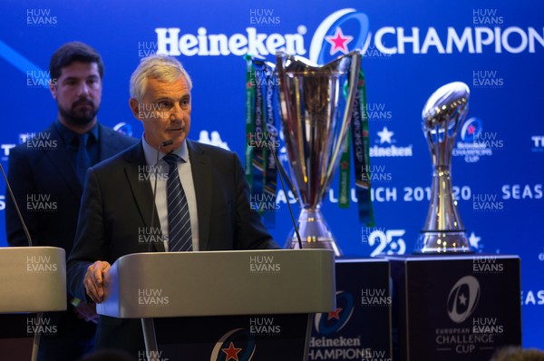 061119 - EPCR 2019-20 Season Launch, Principality Stadium - Welsh Rugby Union Chairman Gareth Davies addresses players, coaches and media at the 2019-20 season launch of the Heineken Champions Cup and Challenge Cup for Gallagher Premiership Rugby and PRO14 Clubs