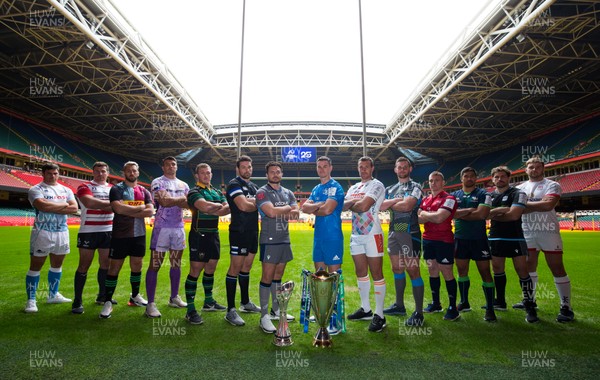 061119 - EPCR 2019-20 Season Launch, Principality Stadium - Ellis Jenkins of Cardiff Blues representing the clubs in the Challenge Cup, centre left, and Jonny Sexton of Leinster, centre right, lead players from the Gallagher Premiership and PRO14 clubs in the Champions Cup, at the 2019-20 season launch of the Heineken Champions Cup and Challenge Cup for Gallagher Premiership Rugby and PRO14 Clubs