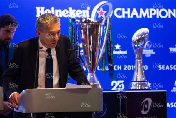 061119 - EPCR 2019-20 Season Launch, Principality Stadium -  Vincent Gaillard, Director General of EPCR addresses players, coaches and media at the 2019-20 season launch of the Heineken Champions Cup and Challenge Cup for Gallagher Premiership Rugby and PRO14 Clubs