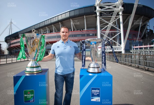 170713 - ERC 2014 Finals Announcement, Millennium Stadium, Cardiff -The announcement that the ERC 2014 Finals will be staged in Cardiff Pictured with the Heineken Cup and the Amlin Challenge Cup at the Millennium Stadium is Gethin Jenkins of the Cardiff Blues, a previous winner of both trophiesPicture issued for free editorial use by the ERC by Huw Evans Agency, Cardiff