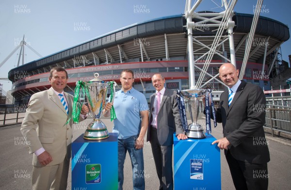 170713 - ERC 2014 Finals Announcement, Millennium Stadium, Cardiff -The announcement that the ERC 2014 Finals will be staged in Cardiff Pictured with the Heineken Cup and the Amlin Challenge Cup at the Millennium Stadium are, left to right, Roger Lewis, WRU Group Chief Executive, Gethin Jenkins of the Cardiff Blues a previous winner of both trophies, John Griffiths, Welsh Government Minister for Sport and Culture and Derek McGrath, ERC Chief ExecutivePicture issued for free editorial use by the ERC by Huw Evans Agency, Cardiff