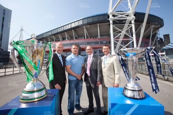 170713 - ERC 2014 Finals Announcement, Millennium Stadium, Cardiff -The announcement that the ERC 2014 Finals will be staged in Cardiff Pictured with the Heineken Cup and the Amlin Challenge Cup at the Millennium Stadium are, left to right, Derek McGrath, ERC Chief Executive, Gethin Jenkins of the Cardiff Blues a previous winner of both trophies, John Griffiths, Welsh Government Minister for Sport and Culture and Roger Lewis, WRU Group Chief ExecutivePicture issued for free editorial use by the ERC by Huw Evans Agency, Cardiff