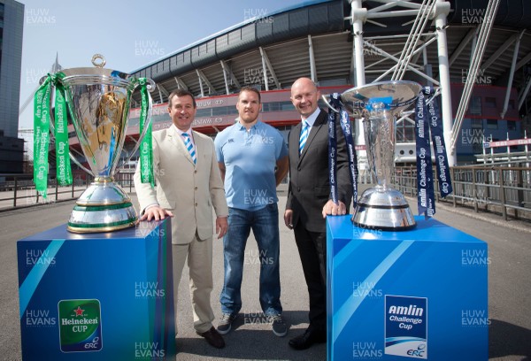 170713 - ERC 2014 Finals Announcement, Millennium Stadium, Cardiff -The announcement that the ERC 2014 Finals will be staged in Cardiff Pictured with the Heineken Cup and the Amlin Challenge Cup at the Millennium Stadium are, left to right, Roger Lewis, WRU Group Chief Executive, Gethin Jenkins of the Cardiff Blues a previous winner of both trophies and Derek McGrath, ERC Chief ExecutivePicture issued for free editorial use by the ERC by Huw Evans Agency, Cardiff