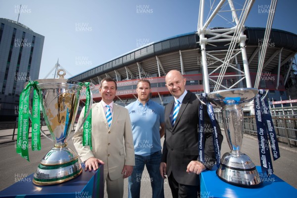 170713 - ERC 2014 Finals Announcement, Millennium Stadium, Cardiff -The announcement that the ERC 2014 Finals will be staged in Cardiff Pictured with the Heineken Cup and the Amlin Challenge Cup at the Millennium Stadium are, left to right, Roger Lewis, WRU Group Chief Executive, Gethin Jenkins of the Cardiff Blues a previous winner of both trophies and Derek McGrath, ERC Chief ExecutivePicture issued for free editorial use by the ERC by Huw Evans Agency, Cardiff