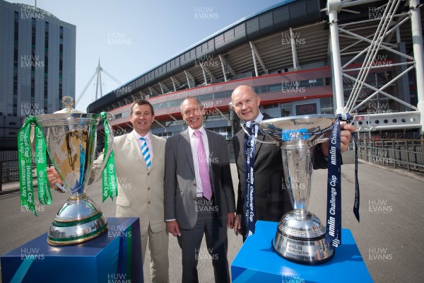 170713 - ERC 2014 Finals Announcement, Millennium Stadium, Cardiff -The announcement that the ERC 2014 Finals will be staged in Cardiff Pictured with the Heineken Cup and the Amlin Challenge Cup at the Millennium Stadium are, left to right, Roger Lewis, WRU Group Chief Executive, John Griffiths, Welsh Government Minister for Sport and Culture and Derek McGrath, ERC Chief ExecutivePicture issued for free editorial use by the ERC by Huw Evans Agency, Cardiff