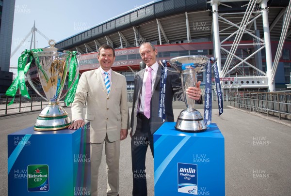 170713 - ERC 2014 Finals Announcement, Millennium Stadium, Cardiff -The announcement that the ERC 2014 Finals will be staged in Cardiff Pictured with the Heineken Cup and the Amlin Challenge Cup at the Millennium Stadium are, left to right, Roger Lewis, WRU Group Chief Executive and John Griffiths, Welsh Government Minister for Sport and CulturePicture issued for free editorial use by the ERC by Huw Evans Agency, Cardiff