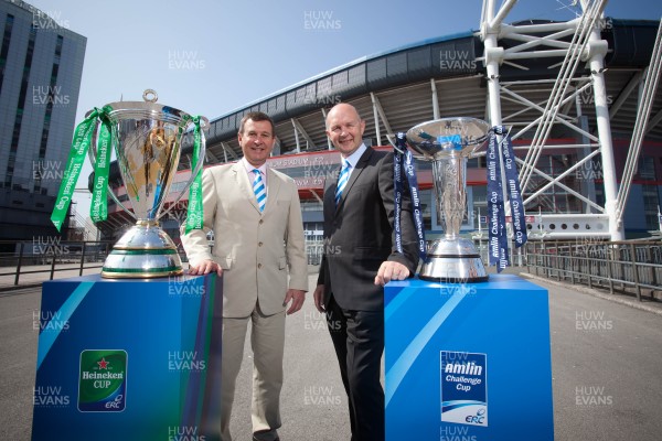 170713 - ERC 2014 Finals Announcement, Millennium Stadium, Cardiff -The announcement that the ERC 2014 Finals will be staged in Cardiff Pictured with the Heineken Cup and the Amlin Challenge Cup at the Millennium Stadium are, left to right, Roger Lewis, WRU Group Chief Executive and Derek McGrath, ERC Chief ExecutivePicture issued for free editorial use by the ERC by Huw Evans Agency, Cardiff