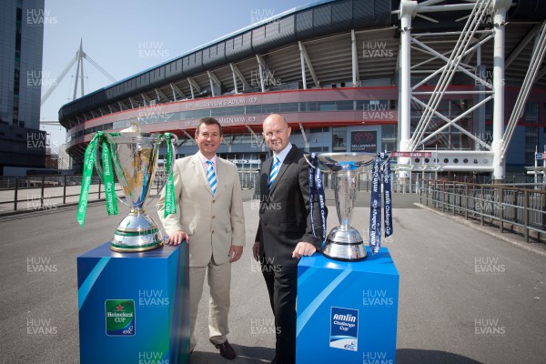 170713 - ERC 2014 Finals Announcement, Millennium Stadium, Cardiff -The announcement that the ERC 2014 Finals will be staged in Cardiff Pictured with the Heineken Cup and the Amlin Challenge Cup at the Millennium Stadium are, left to right, Roger Lewis, WRU Group Chief Executive and Derek McGrath, ERC Chief ExecutivePicture issued for free editorial use by the ERC by Huw Evans Agency, Cardiff