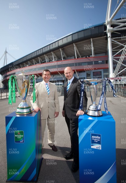 170713 - ERC 2014 Finals Announcement, Millennium Stadium, Cardiff -The announcement that the ERC 2014 Finals will be staged in Cardiff Pictured with the Heineken Cup and the Amlin Challenge Cup at the Millennium Stadium are, left to right, Roger Lewis, WRU Group Chief Executive and Derek McGrath, ERC Chief ExecutivePicture issued for free editorial use by the ERC by Huw Evans Agency, Cardiff