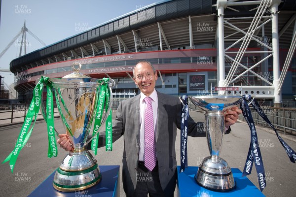 170713 - ERC 2014 Finals Announcement, Millennium Stadium, Cardiff -The announcement the the ERC 2014 Finals will be staged in Cardiff Pictured with the Heineken Cup and the Amlin Challenge Cup at the Millennium Stadium is John Griffiths, Welsh Government Minister for Sport and Culture Picture issued for free editorial use by the ERC by Huw Evans Agency, Cardiff