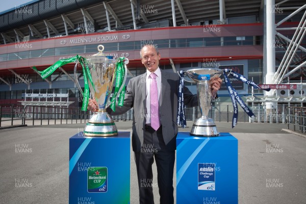 170713 - ERC 2014 Finals Announcement, Millennium Stadium, Cardiff -The announcement the the ERC 2014 Finals will be staged in Cardiff Pictured with the Heineken Cup and the Amlin Challenge Cup at the Millennium Stadium is John Griffiths, Welsh Government Minister for Sport and Culture Picture issued for free editorial use by the ERC by Huw Evans Agency, Cardiff