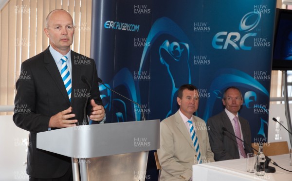 170713 - ERC 2014 Finals Announcement, Millennium Stadium, Cardiff -The announcement that the ERC 2014 Finals will be staged in Cardiff Pictured during the press conference at the Millennium Stadium are, Derek McGrath, ERC Chief Executive with Roger Lewis, WRU Group Chief Executive and John Griffiths, Welsh Government Minister for Sport and CulturePicture issued for free editorial use by the ERC by Huw Evans Agency, Cardiff