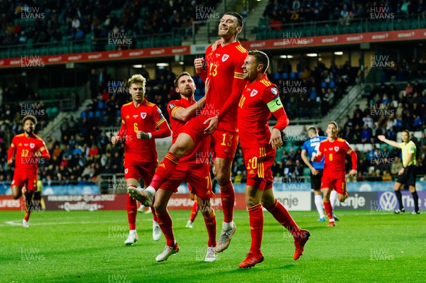 111021 - Estonia & Wales - Group E 2022 FIFA World Cup European Qualifier - Wales' Kieffer Moore scores a goal to make it 1-0 and celebrates