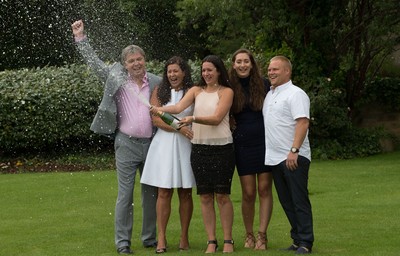 030816 -  EuroMillions Lottery Winners, Newport - EuroMillions Jackpot winners, left to right, Keith Reynolds, Sonia Davies, Stephanie Davies, Courtney Davies and Steve Powell of Monmouth celebrate their £61 million pound jackpot win