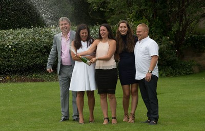 030816 -  EuroMillions Lottery Winners, Newport - EuroMillions Jackpot winners, left to right, Keith Reynolds, Sonia Davies, Stephanie Davies, Courtney Davies and Steve Powell of Monmouth celebrate their £61 million pound jackpot win