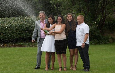 030816 -  EuroMillions Lottery Winners, Newport - EuroMillions Jackpot winners, left to right, Keith Reynolds, Sonia Davies, Stephanie Davies, Courtney Davies and Steve Powell of Monmouth celebrate their £61 million pound jackpot win