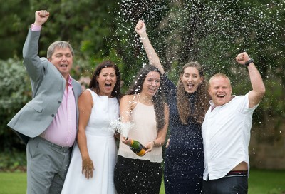 030816 -  EuroMillions Lottery Winners, Newport - EuroMillions Jackpot winners, left to right, Keith Reynolds, Sonia Davies, Stephanie Davies, Courtney Davies and Steve Powell of Monmouth celebrate their £61 million pound jackpot win