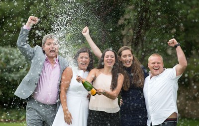 030816 -  EuroMillions Lottery Winners, Newport - EuroMillions Jackpot winners, left to right, Keith Reynolds, Sonia Davies, Stephanie Davies, Courtney Davies and Steve Powell of Monmouth celebrate their £61 million pound jackpot win