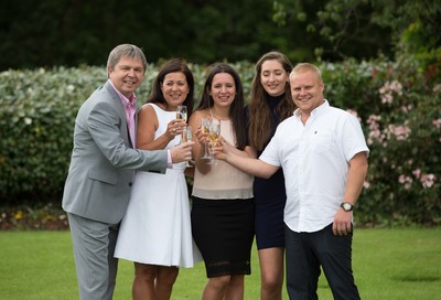 030816 -  EuroMillions Lottery Winners, Newport - EuroMillions Jackpot winners, left to right, Keith Reynolds, Sonia Davies, Stephanie Davies, Courtney Davies and Steve Powell of Monmouth celebrate their £61 million pound jackpot win