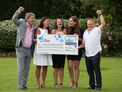 030816 -  EuroMillions Lottery Winners, Newport - EuroMillions Jackpot winners, left to right, Keith Reynolds, Sonia Davies, Stephanie Davies, Courtney Davies and Steve Powell of Monmouth celebrate their £61 million pound jackpot win