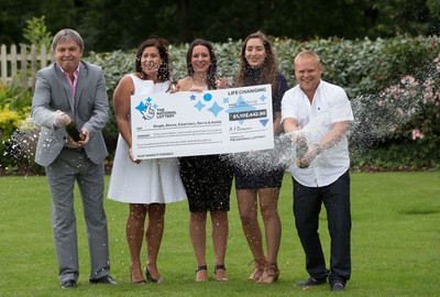 030816 -  EuroMillions Lottery Winners, Newport - EuroMillions Jackpot winners, left to right, Keith Reynolds, Sonia Davies, Stephanie Davies, Courtney Davies and Steve Powell of Monmouth celebrate their £61 million pound jackpot win