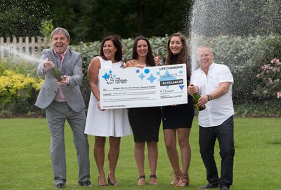 030816 -  EuroMillions Lottery Winners, Newport - EuroMillions Jackpot winners, left to right, Keith Reynolds, Sonia Davies, Stephanie Davies, Courtney Davies and Steve Powell of Monmouth celebrate their £61 million pound jackpot win