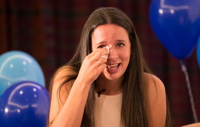 030816 -  EuroMillions Lottery Winners, Newport - Stephanie Davies who bought the winning ticket on behalf of the Davies family from Monmouth, can't hold back the tears as they celebrate their £61 million jackpot win