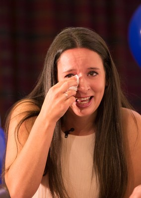 030816 -  EuroMillions Lottery Winners, Newport - Stephanie Davies who bought the winning ticket on behalf of the Davies family from Monmouth, can't hold back the tears as they celebrate their £61 million jackpot win