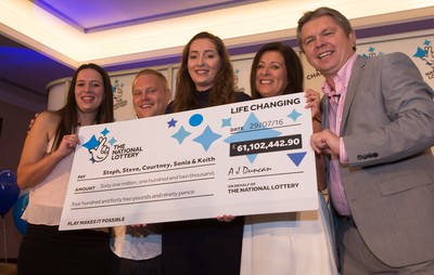 030816 -  EuroMillions Lottery Winners, Newport - EuroMillions Jackpot winners, left to right, Stephanie Davies, Steve Powell, Courtney Davies, Sonia Davies and Keith Reynolds of Monmouth celebrate their £61 million jackpot win