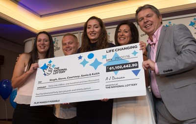 030816 -  EuroMillions Lottery Winners, Newport - EuroMillions Jackpot winners, left to right, Stephanie Davies, Steve Powell, Courtney Davies, Sonia Davies and Keith Reynolds of Monmouth celebrate their £61 million jackpot win