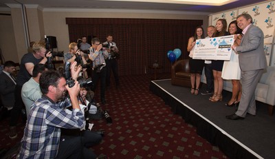 030816 -  EuroMillions Lottery Winners, Newport - EuroMillions Jackpot winners, left to right, Stephanie Davies, Steve Powell, Courtney Davies, Sonia Davies and Keith Reynolds of Monmouth celebrate their £61 million jackpot win