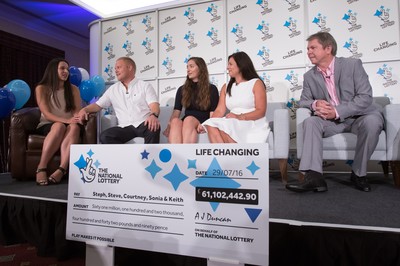 030816 -  EuroMillions Lottery Winners, Newport - EuroMillions Jackpot winners, left to right, Stephanie Davies, Steve Powell, Courtney Davies, Sonia Davies and Keith Reynolds of Monmouth during the press conference to announce their £61 million jackpot win