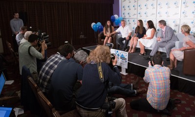 030816 -  EuroMillions Lottery Winners, Newport - EuroMillions Jackpot winners, left to right, Stephanie Davies, Steve Powell, Courtney Davies, Sonia Davies and Keith Reynolds of Monmouth during the press conference to announce their £61 million jackpot win