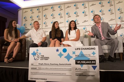 030816 -  EuroMillions Lottery Winners, Newport - EuroMillions Jackpot winners, left to right, Stephanie Davies, Steve Powell, Courtney Davies, Sonia Davies and Keith Reynolds of Monmouth during the press conference to announce their £61 million jackpot win