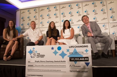 030816 -  EuroMillions Lottery Winners, Newport - EuroMillions Jackpot winners, left to right, Stephanie Davies, Steve Powell, Courtney Davies, Sonia Davies and Keith Reynolds of Monmouth during the press conference to announce their £61 million jackpot win