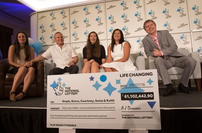 030816 -  EuroMillions Lottery Winners, Newport - EuroMillions Jackpot winners, left to right, Stephanie Davies, Steve Powell, Courtney Davies, Sonia Davies and Keith Reynolds of Monmouth during the press conference to announce their £61 million jackpot win