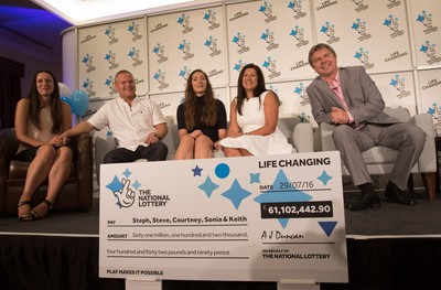 030816 -  EuroMillions Lottery Winners, Newport - EuroMillions Jackpot winners, left to right, Stephanie Davies, Steve Powell, Courtney Davies, Sonia Davies and Keith Reynolds of Monmouth during the press conference to announce their £61 million jackpot win