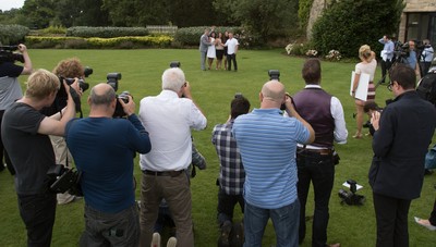 030816 -  EuroMillions Lottery Winners, Newport - EuroMillions Jackpot winners, left to right, Keith Reynolds, Sonia Davies, Stephanie Davies, Courtney Davies and Steve Powell of Monmouth face the media as they celebrate their £61 million pound jackpot win