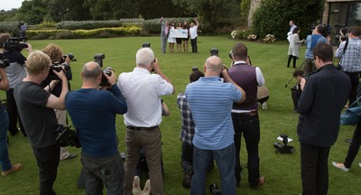 030816 -  EuroMillions Lottery Winners, Newport - EuroMillions Jackpot winners, left to right, Keith Reynolds, Sonia Davies, Stephanie Davies, Courtney Davies and Steve Powell of Monmouth face the media as they celebrate their £61 million pound jackpot win