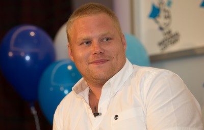 030816 -  EuroMillions Lottery Winners, Newport - EuroMillions Jackpot winner Steve Powell, partner of Stephanie Davies of Monmouth who bought the winning ticket during the press conference to celebrate their £61 million jackpot win