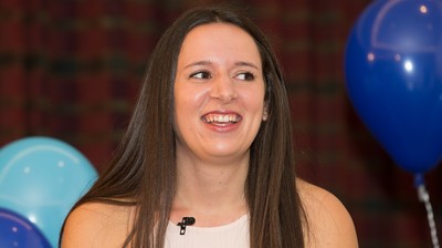 030816 -  EuroMillions Lottery Winners, Newport - EuroMillions Jackpot winner Stephanie Davies who bought the winning ticket, during the press conference to announce their £61 million jackpot win