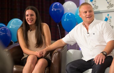 030816 -  EuroMillions Lottery Winners, Newport - EuroMillions Jackpot winners Stephanie Davies and her partner Steve Powell of Monmouth, during the press conference to announce their £61 million jackpot win