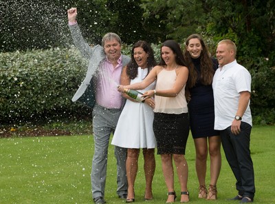 030816 -  EuroMillions Lottery Winners, Newport - EuroMillions Jackpot winners, left to right, Keith Reynolds, Sonia Davies, Stephanie Davies, Courtney Davies and Steve Powell celebrate their £61 million pound jackpot win