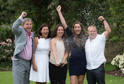 030816 -  EuroMillions Lottery Winners, Newport - EuroMillions Jackpot winners, left to right, Keith Reynolds, Sonia Davies, Stephanie Davies, Courtney Davies and Steve Powell celebrate their £61 million pound jackpot win